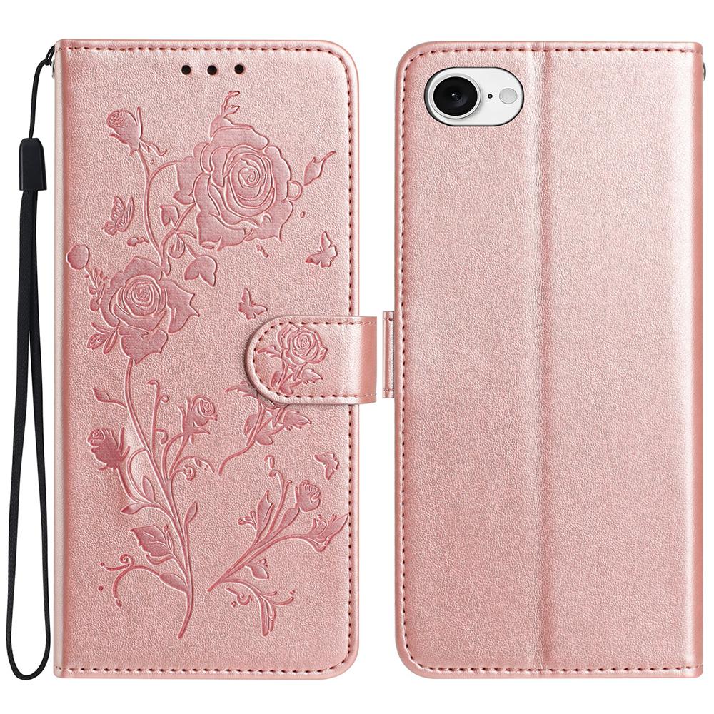 For iPhone 16e Wallet Case Rose Pattern Imprinted Leather Flip Stand Phone Cover