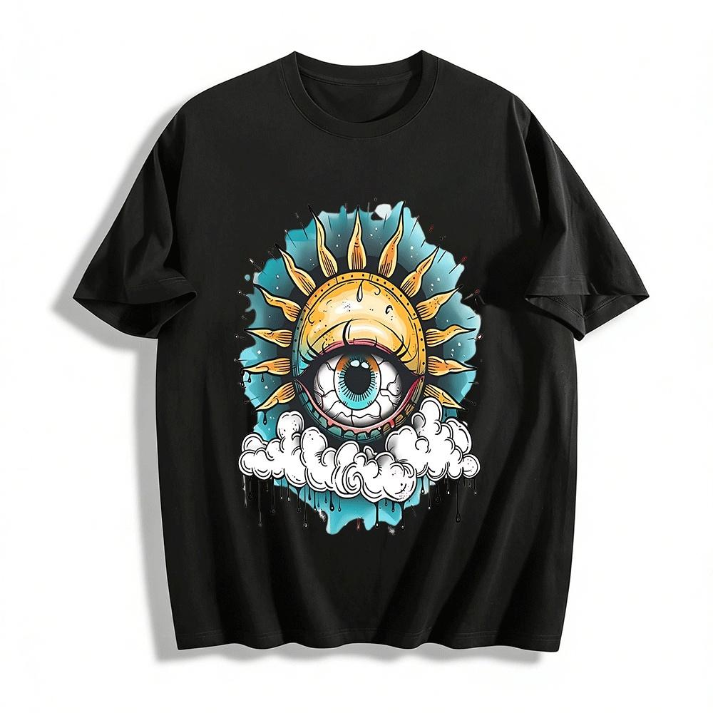 Vintage All-Seeing Eye Sun Print Streetwear Loose Fit Tee Pure cotton T-shirt