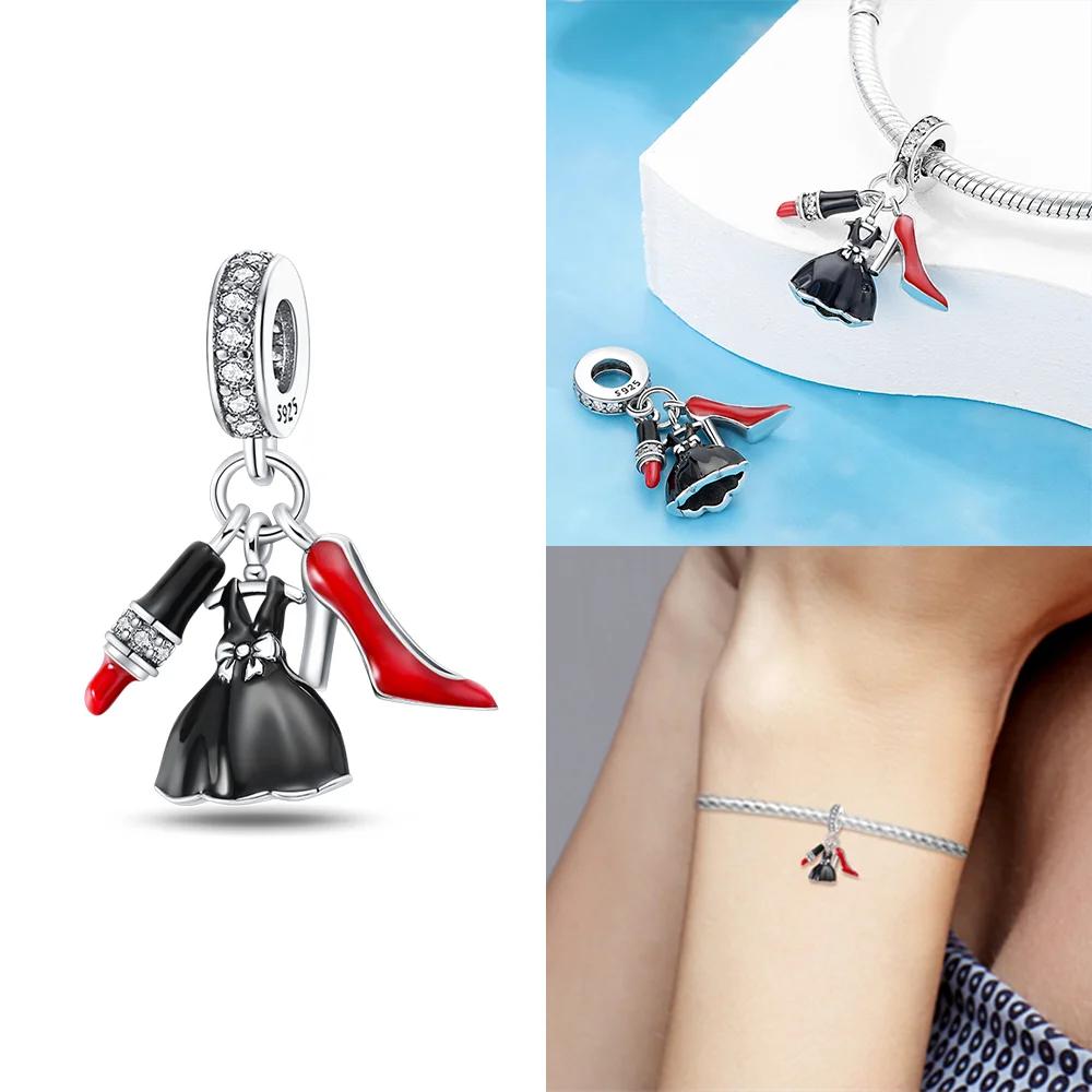 Exquisite Original Black Dress High Heels Bag Lipstick Beads Fit Bracelet Charms Copper Women Jewelry Diy Gifts