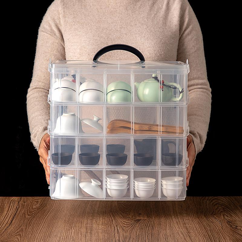 Stackable Multi-Layer Tea Set Storage Box with Handle - Dustproof and Portable for Cups and Coffee Table