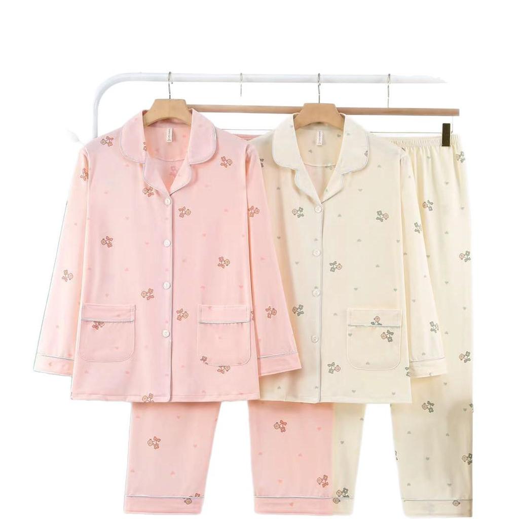 Dingdang Guifei Women's Two-Piece Pajama Set - Turn-Down Collar, Long Sleeve & Pants, Stylish & Comfortable Autumn/Winter Homewear