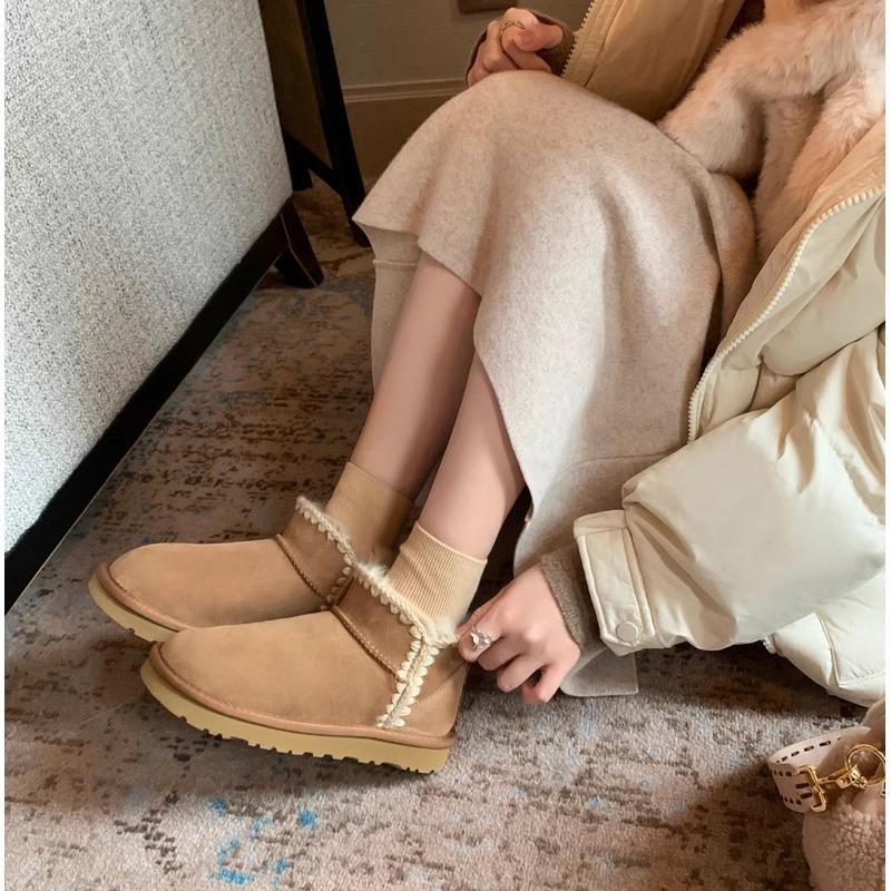 [sheii Su Yinyin] Snow Mist Island~ Hand stitching and velvet flat-bottomed lamb wool short boots women's snow cotton boots