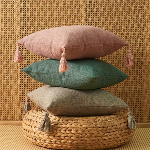 Japanese Solid Color Cotton and Linen Tassel Pillowcase Household Simple Literary Style Pillow Cushion Cover Pillowcase Home Decor