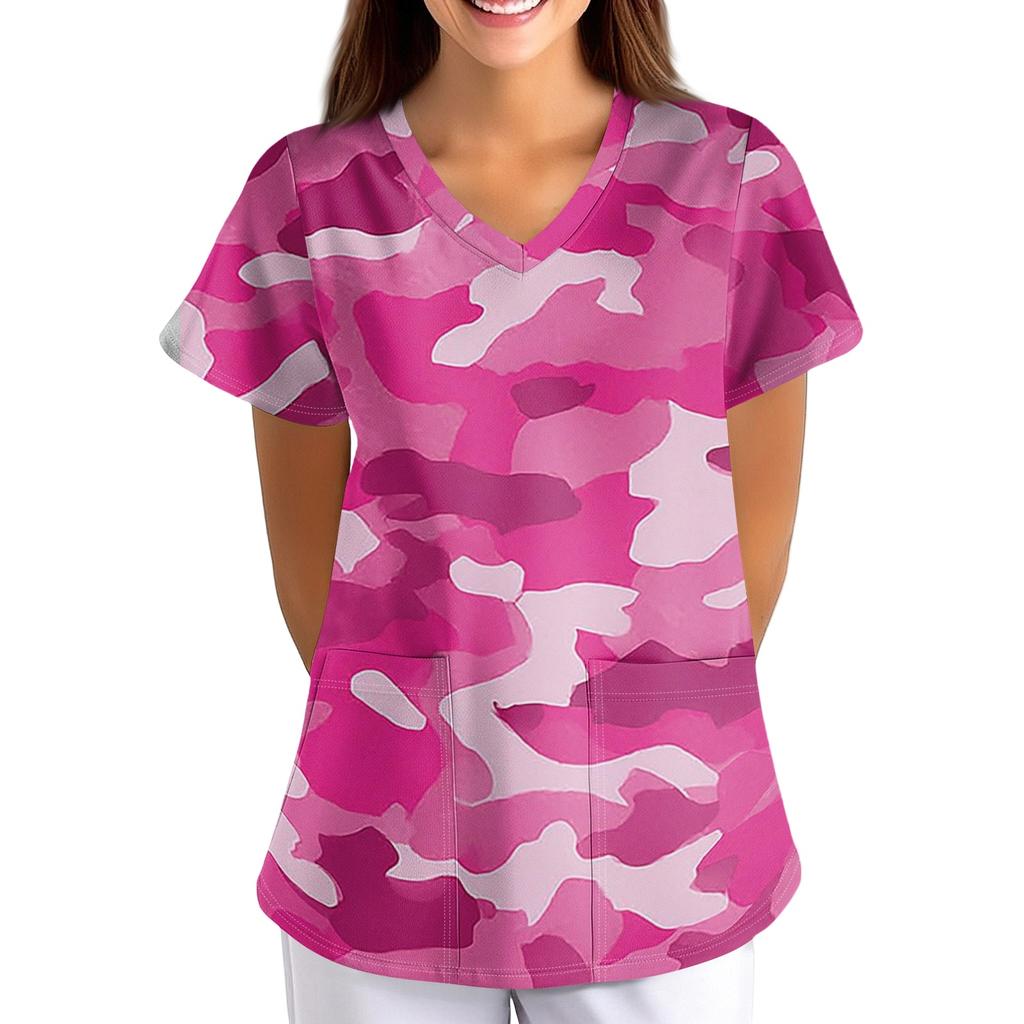 Women's V Neck Floral Print Short Sleeve Medical Scrub Top with Pocket Vintage Style Comfortable Fit Nursing Workwear
