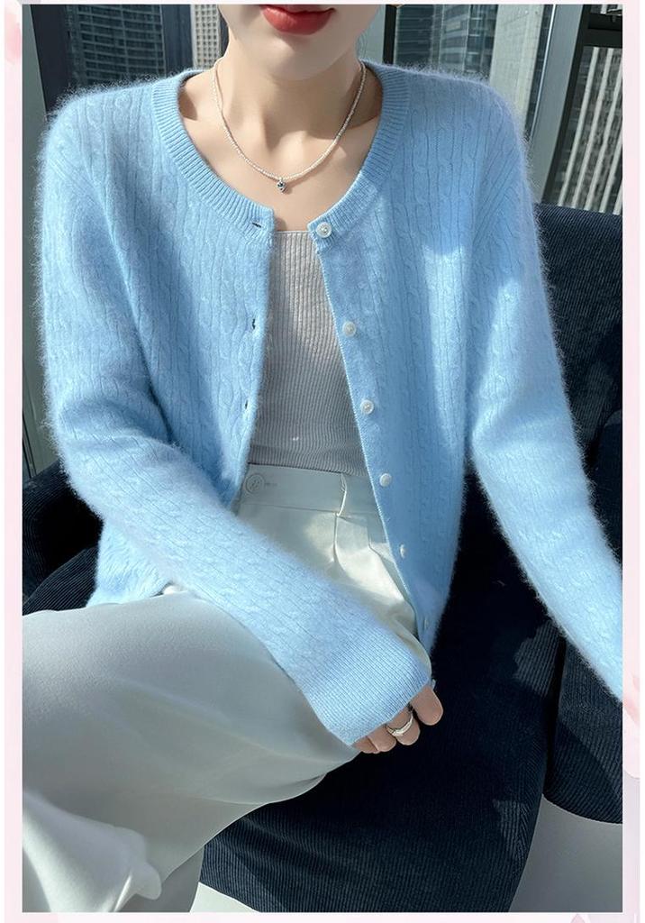 Women's Retro Cable Knit Mink Velvet Cardigan - Round Neck, Long Sleeve, Loose Fit, Short Sweater Coat