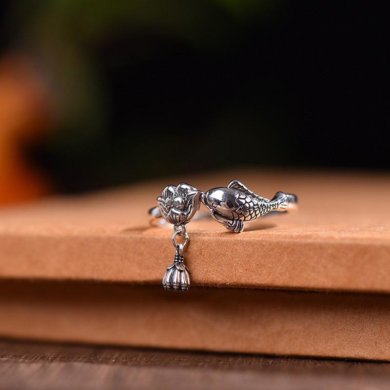 Chinese Style S925 Sterling Silver Lotus Koi Open Ring