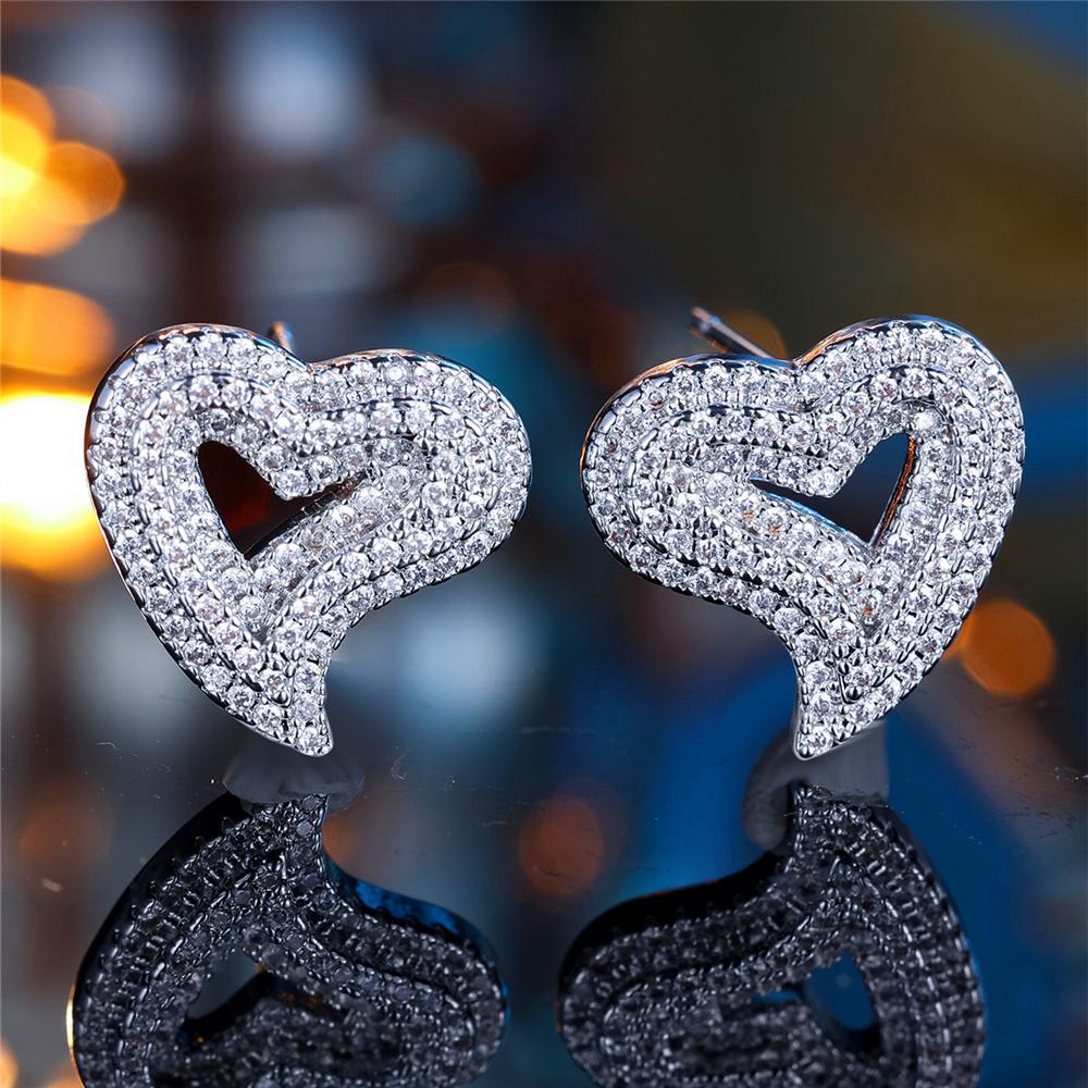 Cute Female Small White Zircon Stone Heart Wedding  Vintage Silver Color Stud Earrings For Women