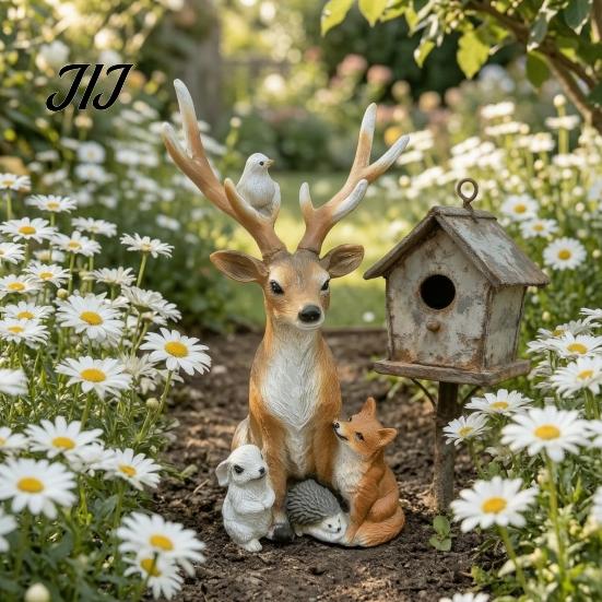 Lebensechte Harz-Wildtierstatuen Waldhirsch Kleintierstatue, Elchfigur mit Kaninchen Igel Fuchs Figuren Igel, Wasserdicht für Außenbereich