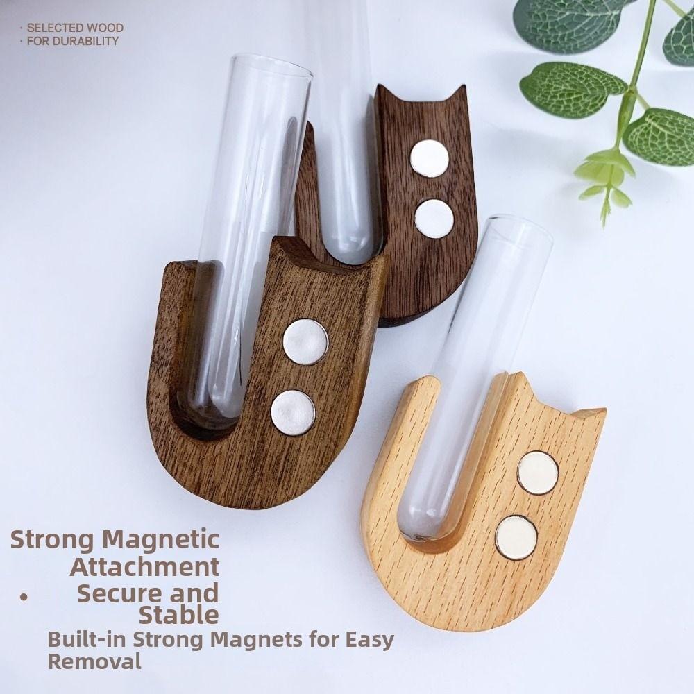 Fridge Magnet Cat Whisker Vase Wooden with Glass Tube Magnetic Flower Vase Refrigerator Accessories Mini Cat Whisker Holder