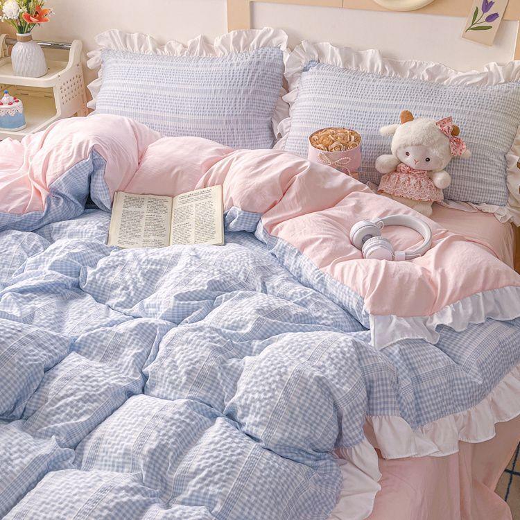 Ins Princess Style Bedding Sets Ruffle Blue Pink Girls Quilt Cover Romantic Bed Sheet Set Duvet Cover With Pillowcases 4pcs