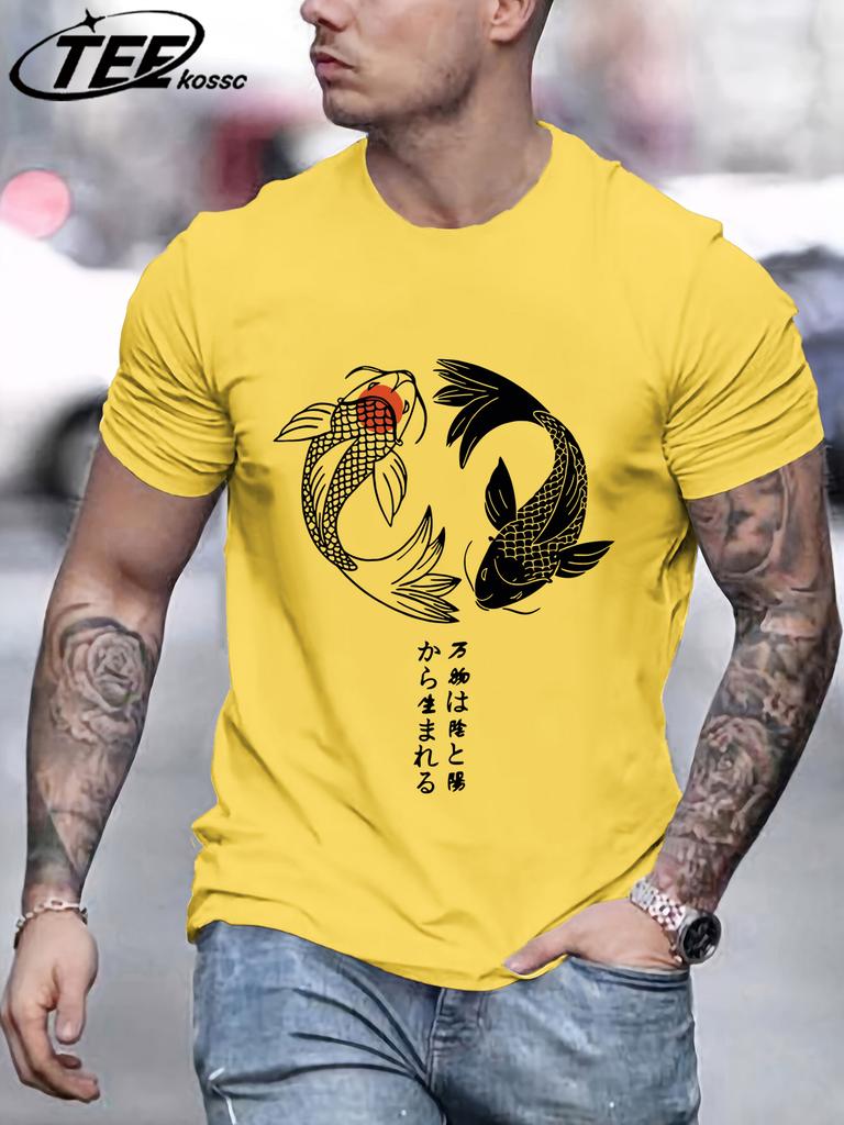 Two Koi Fish Swimming In WatertShirts Men Cotton Casual T Shirt Breathable Crewneck Short Sleeve Unisex Summer Fashion Clothing