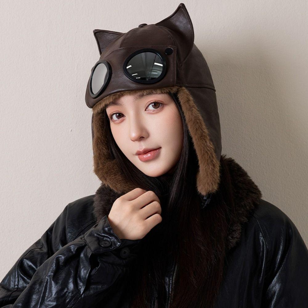 Plush Warm Ski Hat Windproof Cycling Lei Feng Hat Winter Pilot Hat With Goggles Outdoor