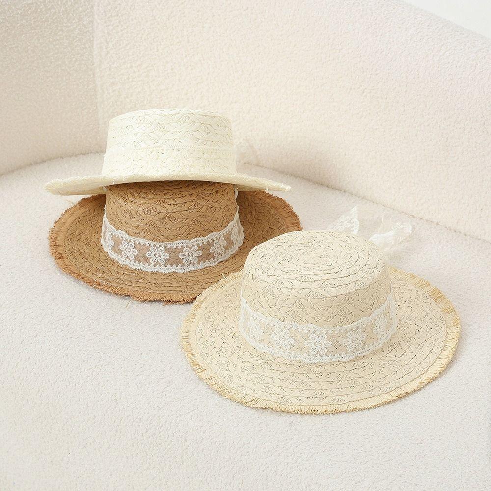 Lace Flower Straw Hat Solid Fringe Extended Brim Beach Straw Hat Breathable Material Elegant Style Sun Protection Hat