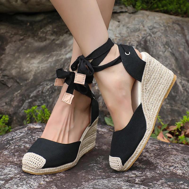 Ankle Lace Up Wedges Sandals Women Summer Closed Toe Espadrille Platform Sandles Woman High Heels Gladiator Sandalias Mujer 43