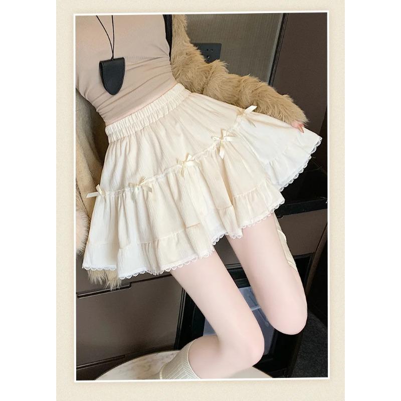 Women's Bow Skirt Spring French Sweet High Waist Cake Lace Puffy A Short Skirts
