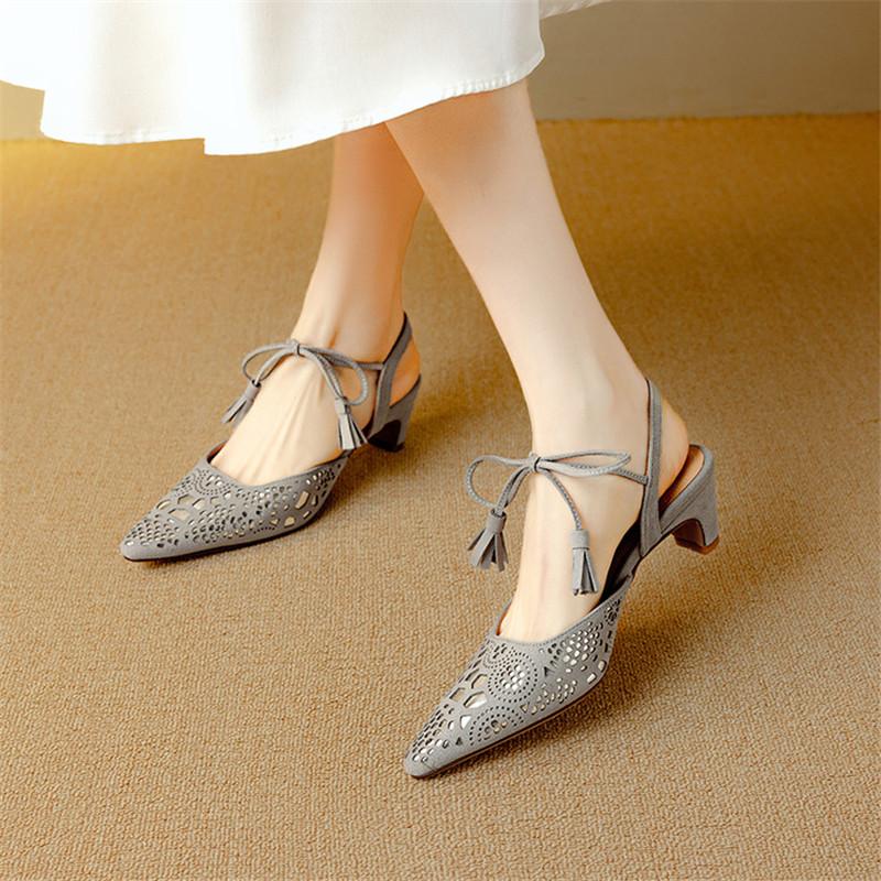 Fashion New Summer Sandals Pointed Toe Sandals for Women High Heels Fashion Tassels Lace Cover Toe Sandal Ladies Shoes Women Grey