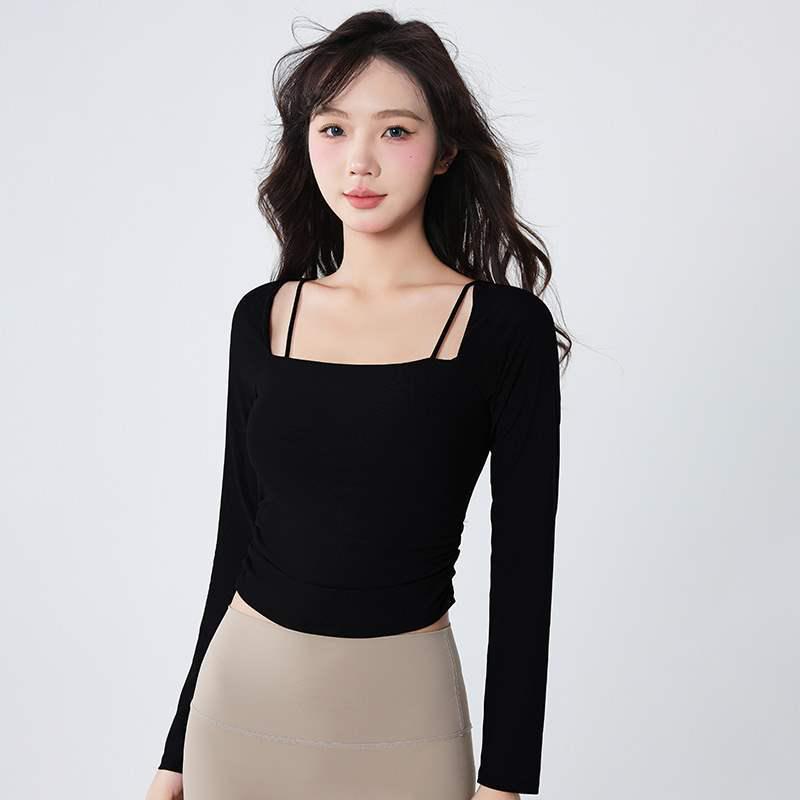 

Женский топ для йоги с длинным рукавом и нагрудными вкладышами - Дышащая, облегающая одежда для фитнеса на осень и зиму. S чёрный