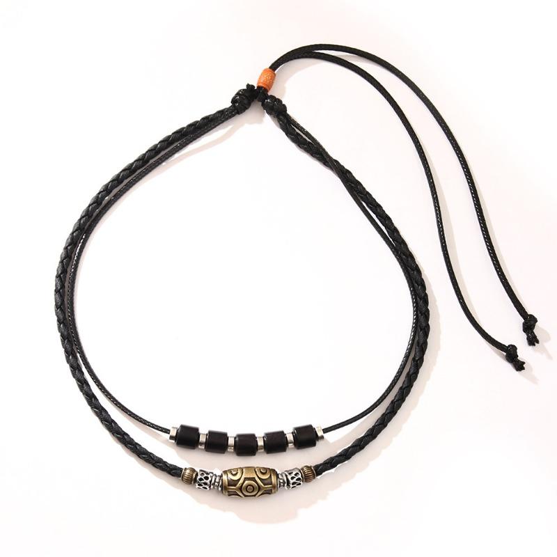 Dzi Bead Navy Blue Retro Necklace Personalized Woven Wax Rope Antique Pendant Collarbone Chain Punk Trendy Men's Jewelry