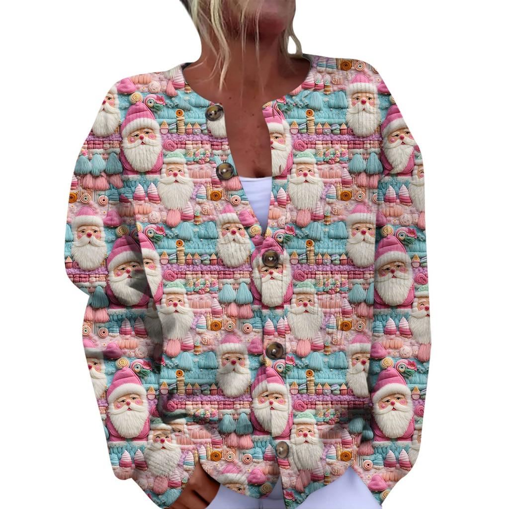 Women's Fashion Christmas Printed Long Sleeve Knitted Cardigan Button Down Jacket