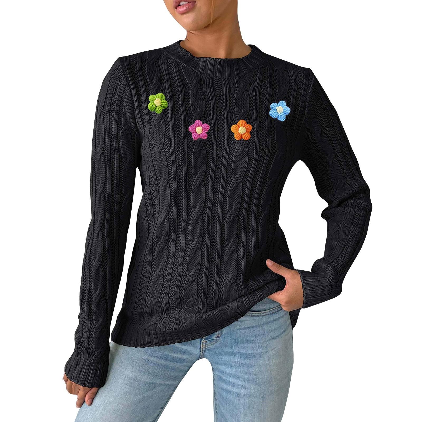 Женский осенне-зимний свитер с круглым вырезом и ручным крючком, вязаный машинной вязкой L чёрный