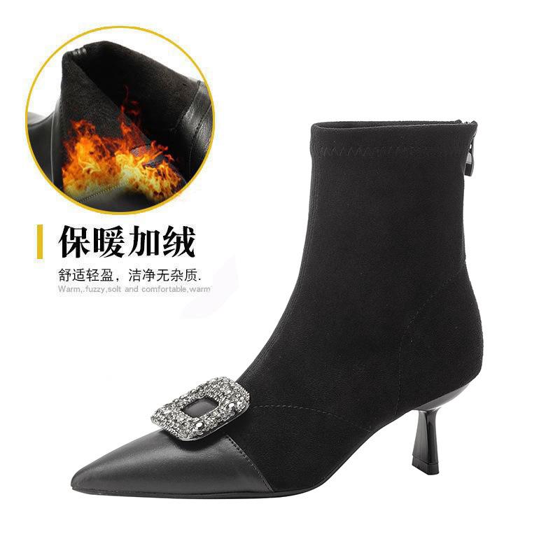 Pointed Fashion High Heel Boots Slim Heel Chelsea Boots Rhinestone Square Buckle Skinny Boots Medium Boots