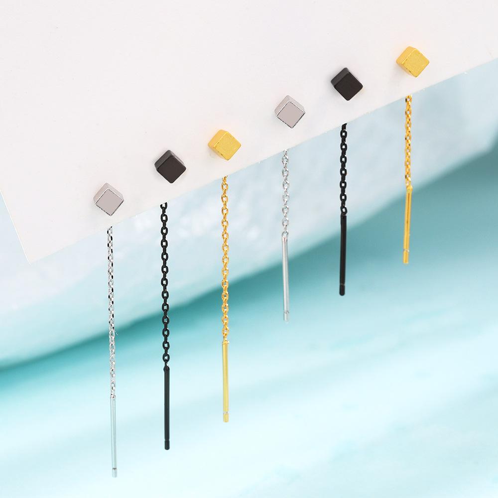 Gu Maoning, Three-Dimensional Square Geometric Earrings, Simple Plain Ear Chain, Temperament Brushed Small Square Earphone.