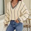 New Autumn and Winter Knitted Sweater Women's Top V-neck Contrasting Color Striped Pullover Loose Sweater Women
