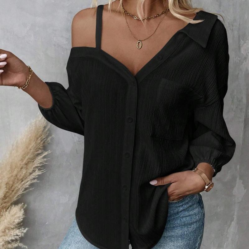 

Летние повседневные свободные блузки с длинным рукавом и открытыми плечами, женские элегантные однобортные шикарные женские рубашки на бретелях, топы, однотонные простые модные блузки 26500 XL
