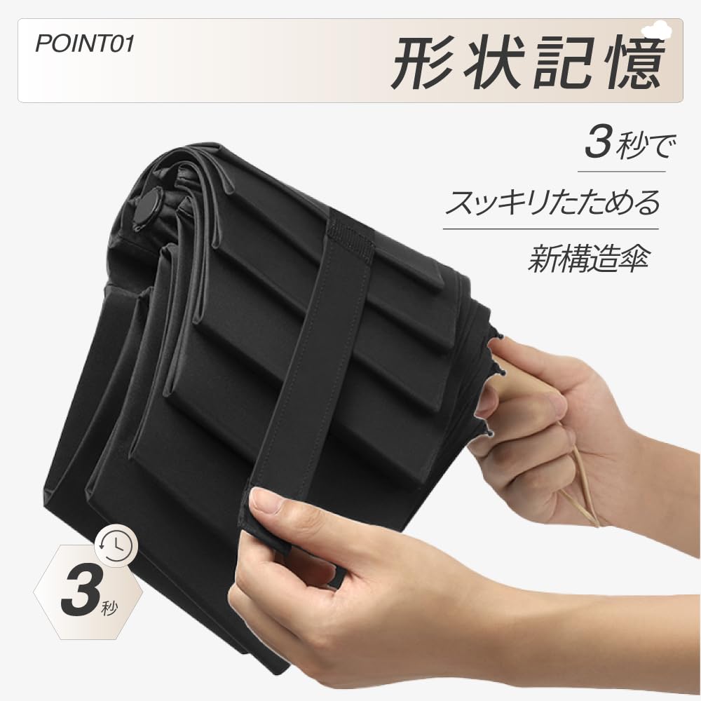 Folds In 3 Seconds with Memory Folding Highly Fiberglass Stylish Natural Wood Handle Foam, Women's Umbrella, Water-Repellent, Teflon-Coated,