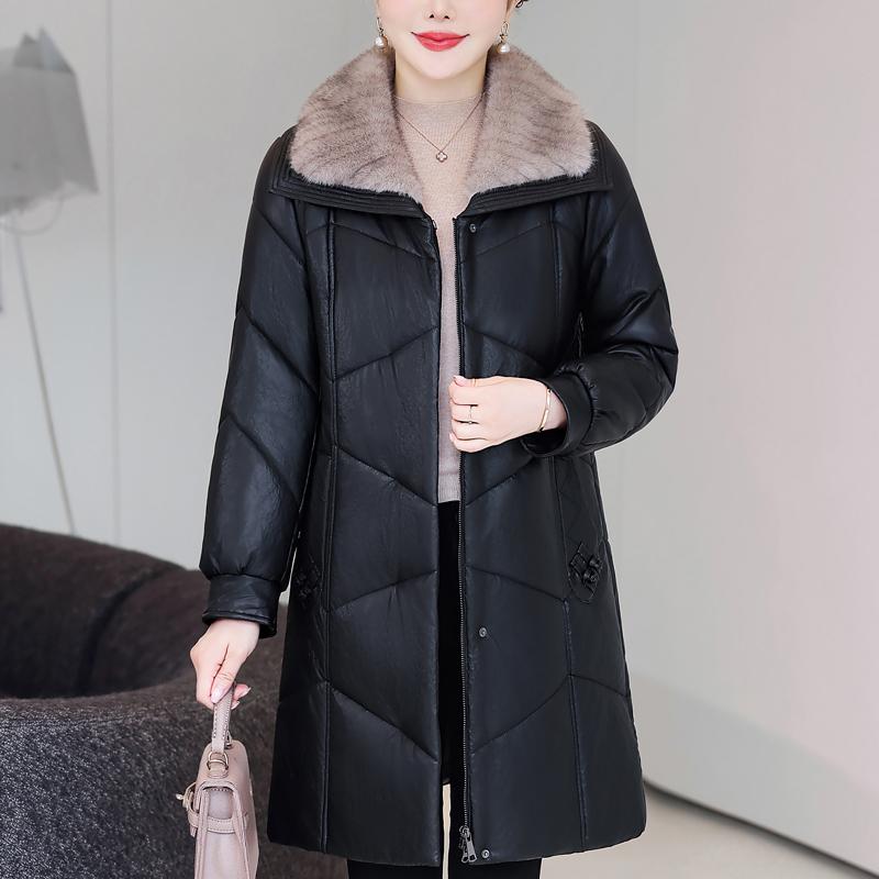 Middle Age Woman Winter Long Faux Sheepskin Coats Fur Collar Elegant Thick Warm Winter Parkas Female Leather Jacket