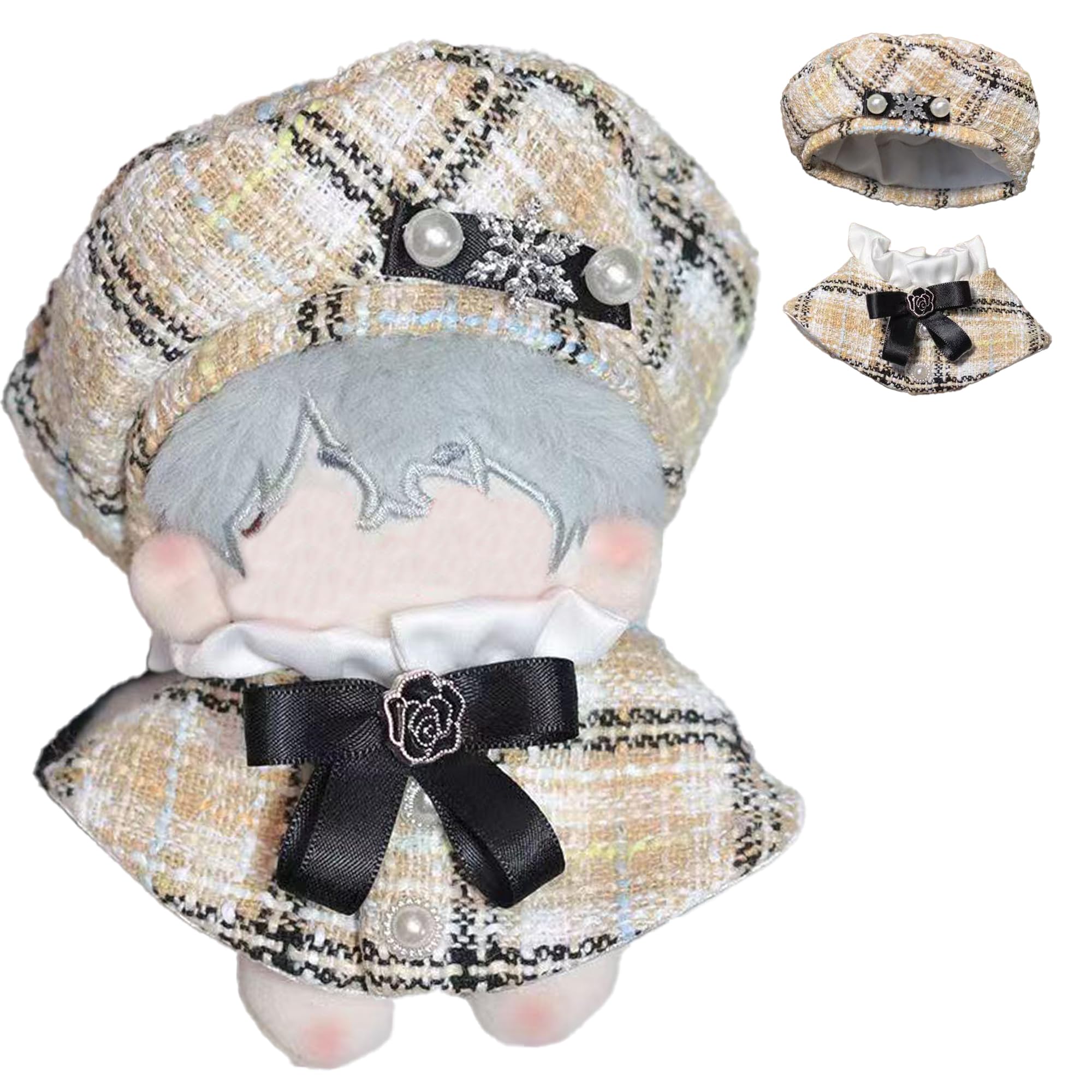 

Tweed Beret Cape for 10cm Yellow and Shawl Check Pattern & Dolls, Poncho, Hat, Cape, Set, [Used]