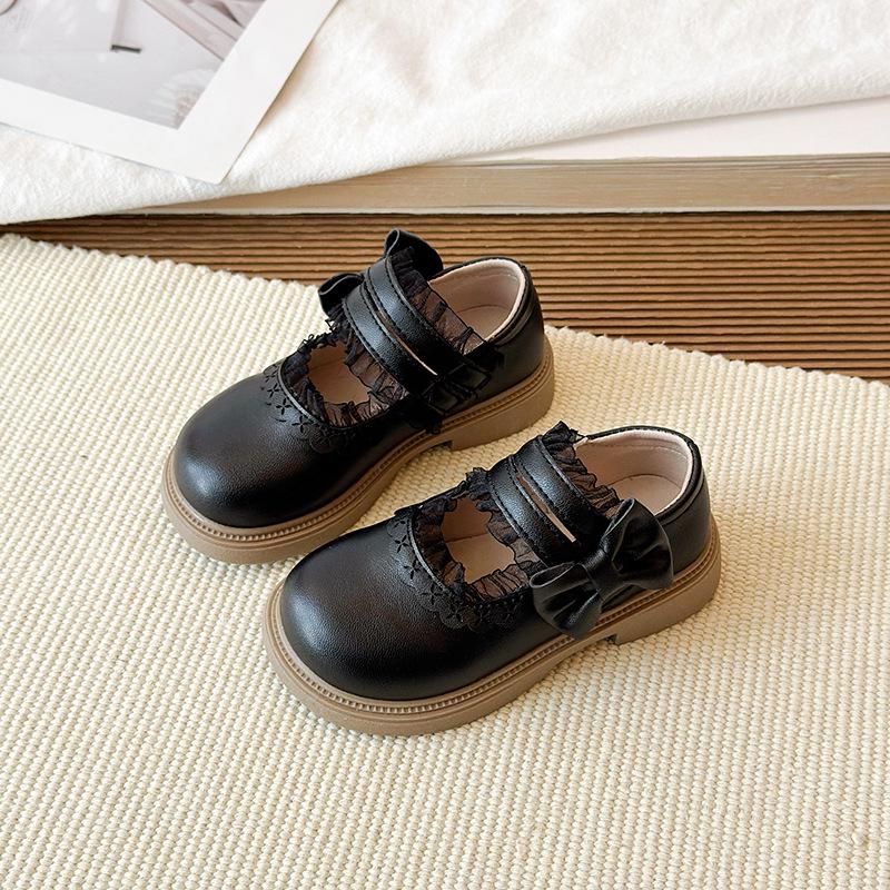 

2026 Spring/Autumn Girls Leather Bow Lace Princess Shoes - Non-slip Stylish Single Shoes for Little Girls 25 чорний