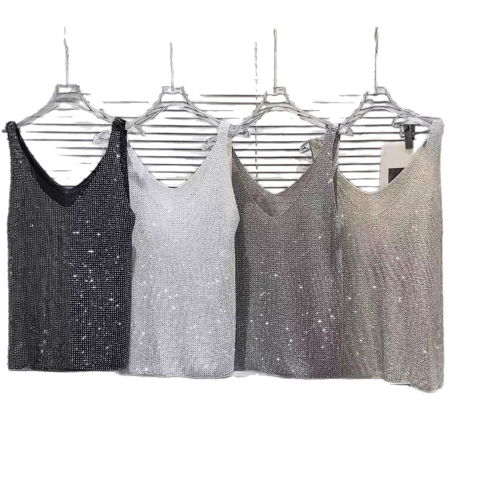 Spicy Girl Hot Diamond Collar Knitted Strap Top Women's Full Diamond Sparkling Unique Loose Western Style Versatile Top