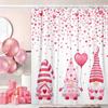 Valentine's Day Shower Curtain for Bathroom, Falling Pink Heart with Cute Gnome, Romantic Lover Holiday Fabric Shower Curtain