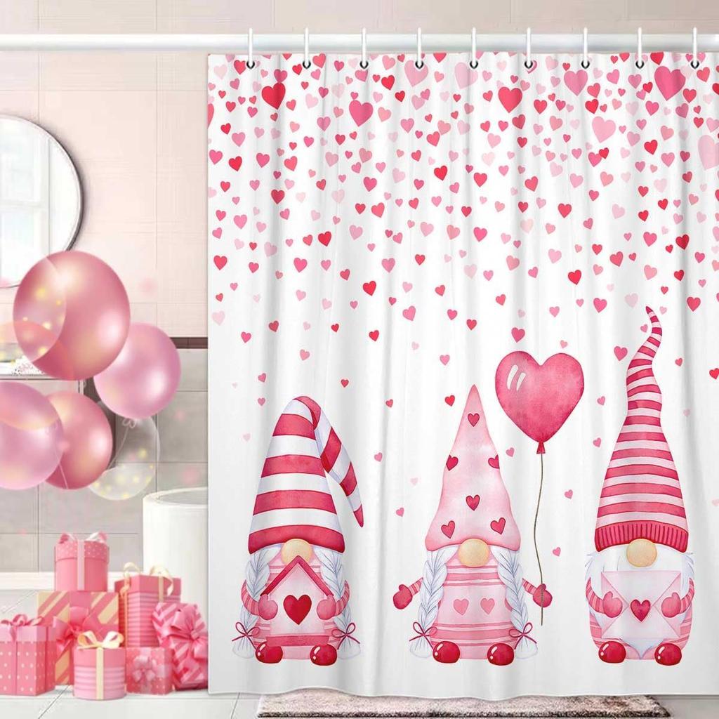 Valentine's Day Shower Curtain for Bathroom, Falling Pink Heart with Cute Gnome, Romantic Lover Holiday Fabric Shower Curtain