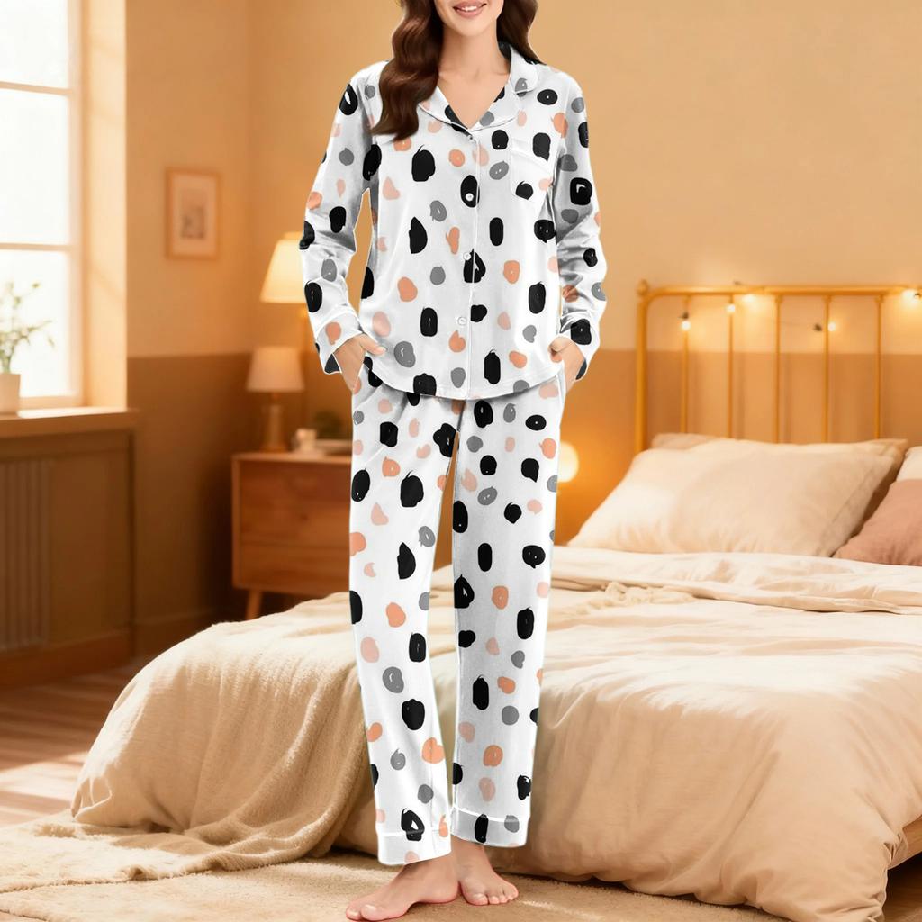 Damen Casual Mode Polka Dot Print Langarm Hosen Homewear Set
