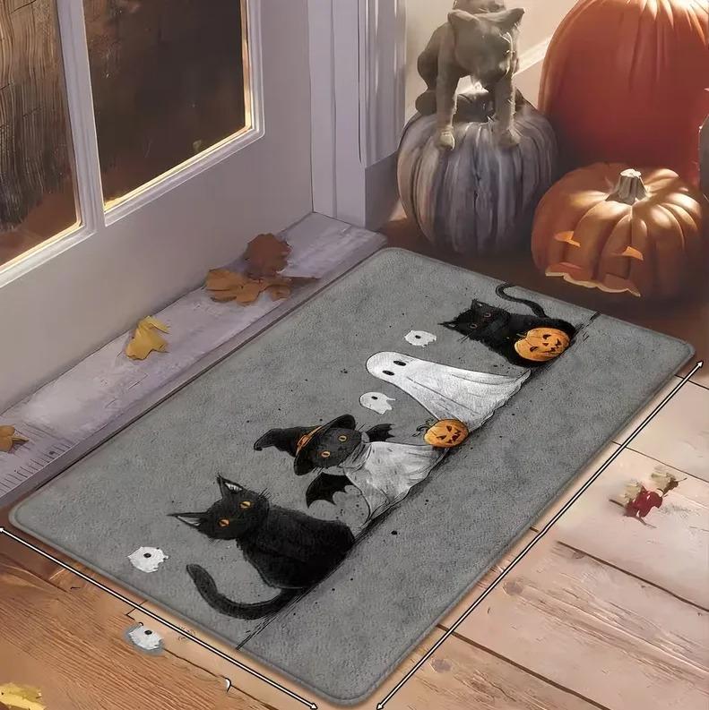 Tappetino di Benvenuto Carino e Allegro per Halloween, Tappeto d'Ingresso con Fantasma Adorabile, Zucca, Gatto Nero e Pipistrello, Tappeto Antiscivolo per l'Ingresso Autunnale