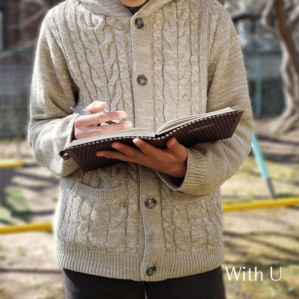 With U Handwoven Planner Cover, A5 Size, Compatible with Hobonichi Techo Cousin, with Paper Band (Natural x Cypress Bark)