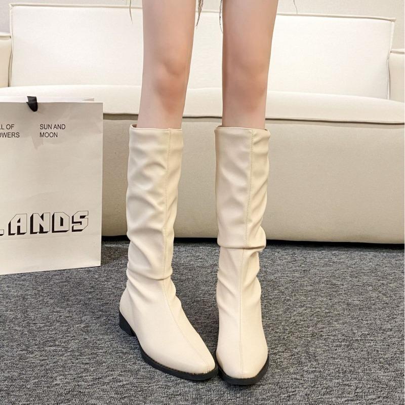 Thick Heel Pleated Stack Long Tube Knight Boots Women's Shoes New Spring and Autumn Western Thin Medium Tube Long Boots