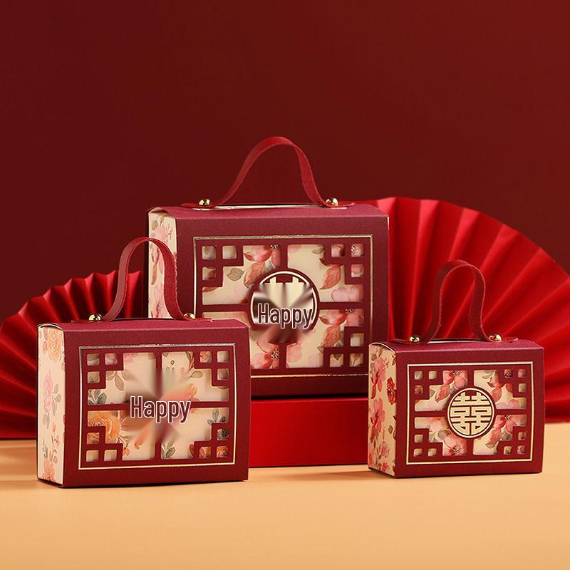 

2025 Высококлассная китайская свадебная коробка для конфет, упаковка для подарков - Пустая коробка Wine Red Blossom (Yellow Flower) with Gold Handle