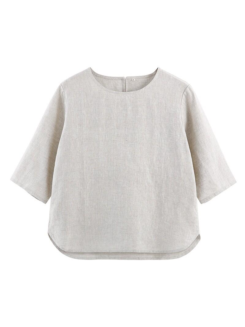 

Women s Pure Hemp Sand Wash Mid-Sleeve T-Shirt: Summer Loose Fit, Round Neck, Simple, Artistic, Breathable, Flaw-Hiding, Slimming, Casual Top. L (for 110-125 jin)