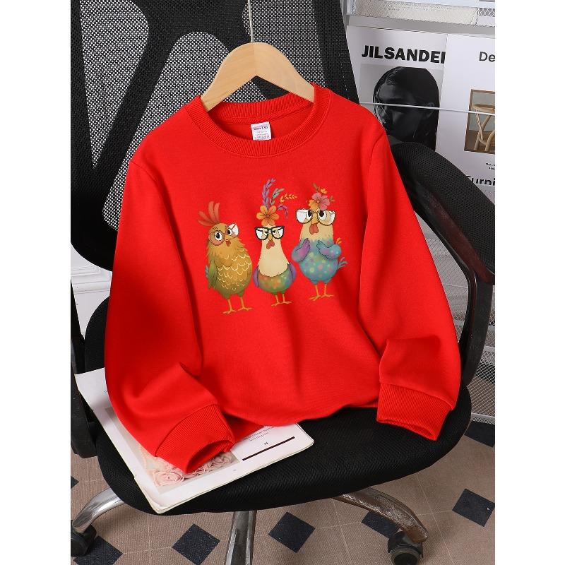 Girls' Long-Sleeve Round Neck Sweatshirt with Printed Design Funny Chicken Print Suitable for Spring And Autumn, Fashionable And Casual