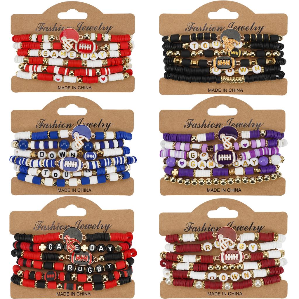 Game Day Polymer Clay Beaded Rugby Ball Bracelet for Women Men Letter Sports Wristband Party Jewelry Accessories