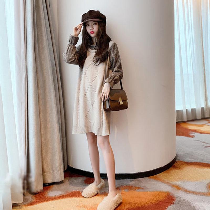 

Пуловер средней длины, женское платье из двух частей с лацканами, осень-зима, плотное теплое вязаное платье-свитер L