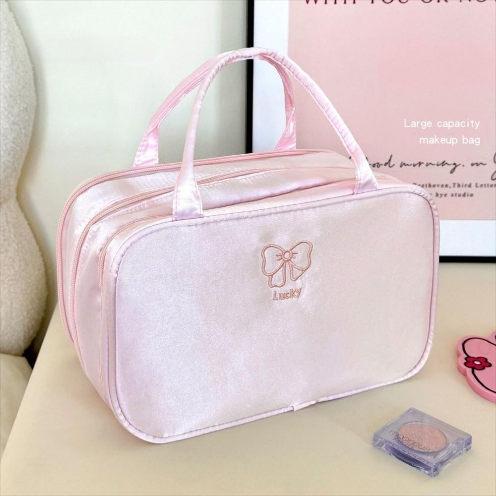 

Portable 3 Layer Travel Cosmetic Bag Puffy Wide-open Design Toiletry Bag Lightweight Large Capacity Bow Makeup Organizer розовый