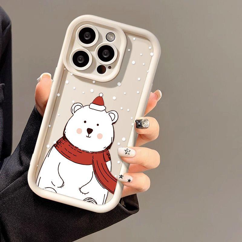 

Силиконовый чехол для телефона Merry Christmas Cartoon Bear Snow для iPhone 16 15 14 13 12 11 Pro Max XS Max 8 7 Plus X XR SE3, мягкий противоударный бампер, задняя крышка iPhone 16 Pro Max белый