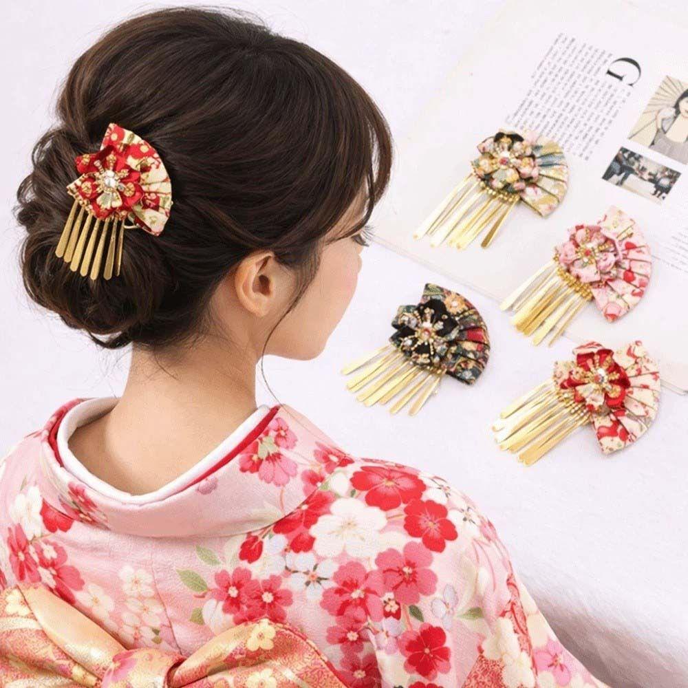 Elegant Kimono Hair Clip Traditional Metal Tassel Faux Pearl Decor Hair Clip Cloth Sakura Flower Fan Shape Hairpin Kids Girls