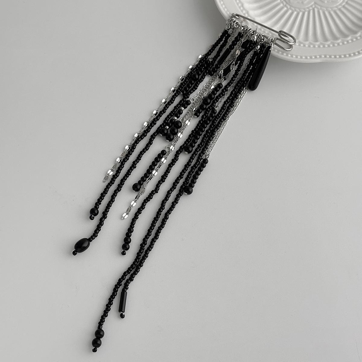 2026 Exaggerated Long Tassel Chain Black Crystal Women s Brooch Handmade Bead Multi-Layer Chain Fixed Needle Clothing Decoration