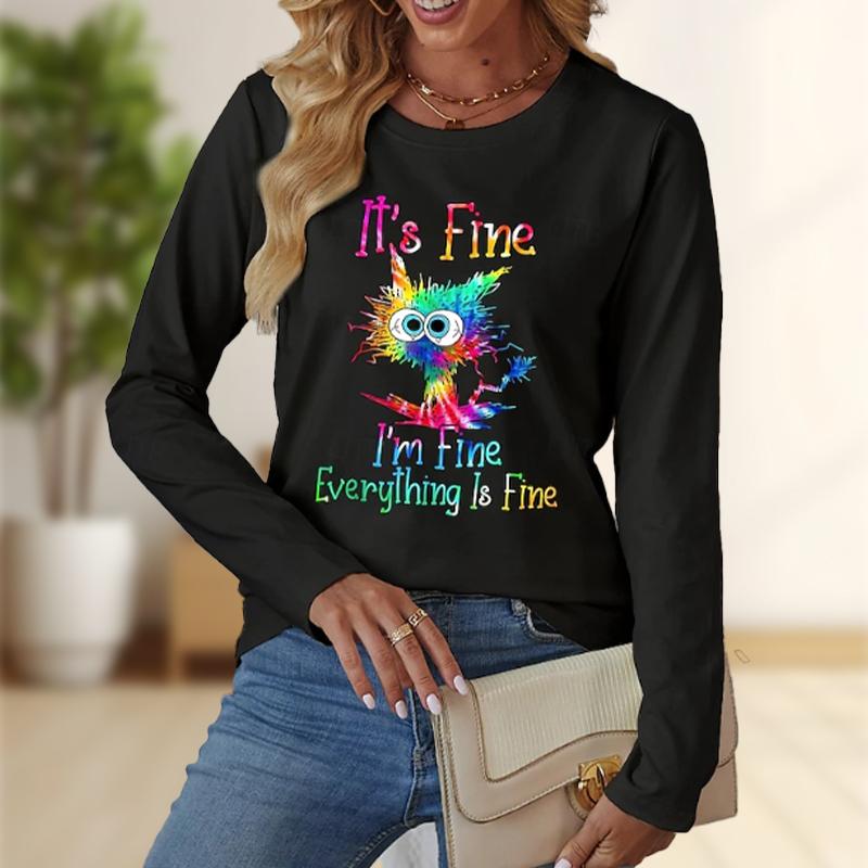 Tops For Women Colorful Explosive Cat Print Round Neck Long Sleeve T-shirt Fall Casual Slim Pullover Women's Long Sleeve Top