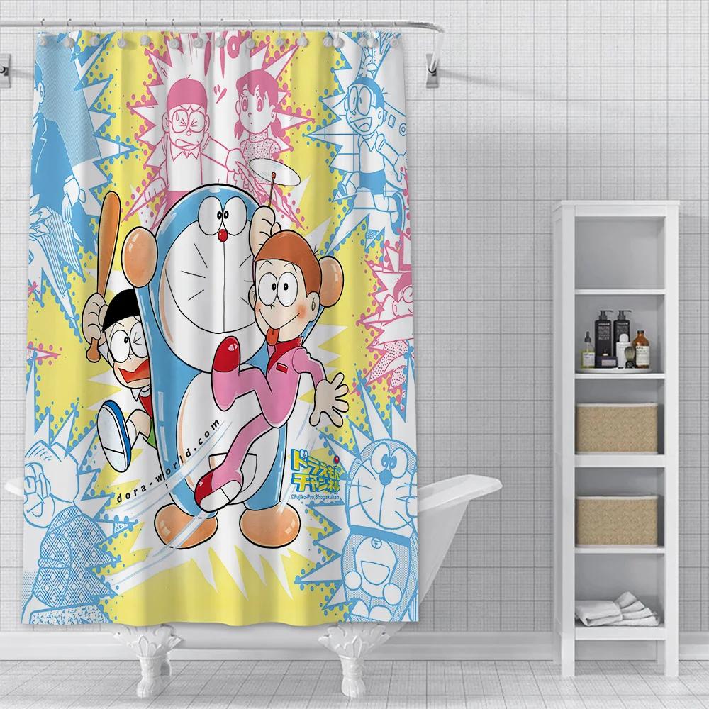 PO01 Lovely Cartoon D-Doraemons Shower Curtain Waterproof Polyester Fabric Bath Curtains Home Bathroom Decor Curtain With Hook
